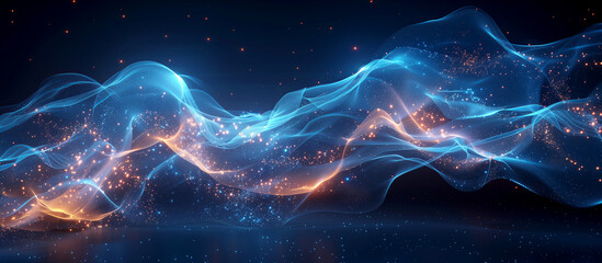 beautiful abstract wave technology background with blue and orange light on dark background