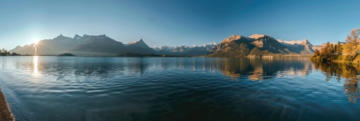 Poster - Panoramic Daytime View of Lake and Mountains with Clear Morning Sky