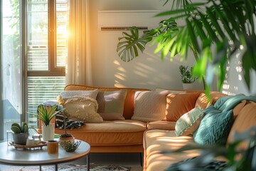 Poster - A bright living room featuring a stylish orange sofa, lush plants, and sunlight streaming through the window, creating a warm and inviting atmosphere. Generative AI
