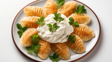 Wall Mural - Close view of pierogi, front view from above, studio lighting, isolated white background.