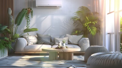 Aufkleber - A contemporary living room showcases a cozy sofa, a wooden coffee table, and vibrant plants, enhanced by natural light streaming through large windows. Generative AI