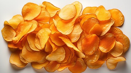 Poster - Close view of potato chips, front view from above, studio lighting, isolated white background.