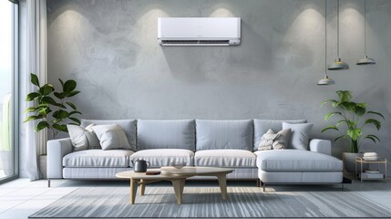 Poster - A contemporary living room with a light gray wall, stylish sofa, and an air conditioner, enhanced by natural light and indoor plants for a refreshing ambiance. Generative AI