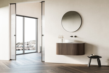 Wall Mural - Interior of modern bathroom with white walls, wooden floor, bathtub, dry plants, white sink standing on wooden countertop and a oval mirror hanging above it.