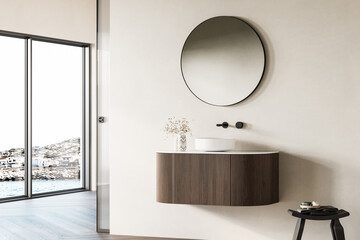 Wall Mural - Interior of modern bathroom with white walls, wooden floor, bathtub, dry plants, white sink standing on wooden countertop and a oval mirror hanging above it.