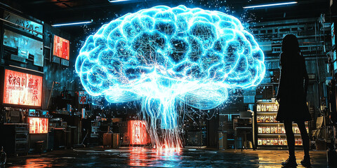 Wall Mural - A neon blue digital illustration of a brain in the shape of a jellyfish against a dark background, symbolizing artificial intelligence.