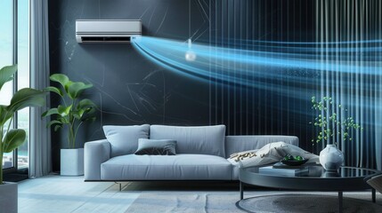 Poster - A chic living room showcases a sleek air conditioner mounted on the wall, complemented by a comfortable sofa and elegant decor in a bright and airy space. Generative AI
