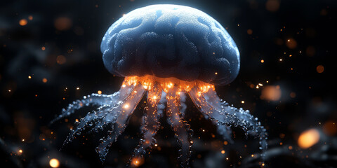 A neon blue digital illustration of a brain in the shape of a jellyfish against a dark background, symbolizing artificial intelligence.