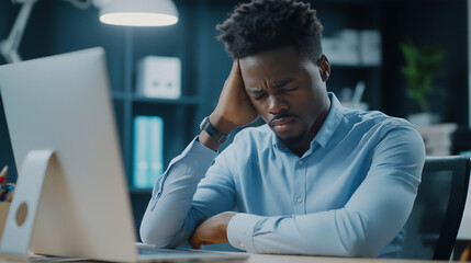 close up of young African-American man rubbing temples due to migraine pain, copy space