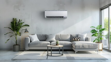 Poster - A modern living room features a comfortable sectional sofa, decorative cushions, an air conditioner, and vibrant greenery enhancing the inviting atmosphere. Generative AI