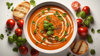 Wall Mural - Close view of tomato soup, front view from above, studio lighting, isolated white background.