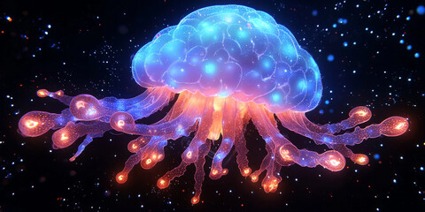 Wall Mural - A neon blue digital illustration of a brain in the shape of a jellyfish against a dark background, symbolizing artificial intelligence.