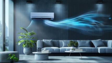 Aufkleber - A sleek living room showcases a modern air conditioner, plush sofa, coffee table, and vibrant plants under bright ambiance from large windows. Generative AI