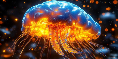 A neon blue digital illustration of a brain in the shape of a jellyfish against a dark background, symbolizing artificial intelligence.