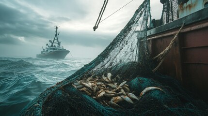 A fishing boat gathers its net filled with fish as stormy weather envelops the sea at dusk.