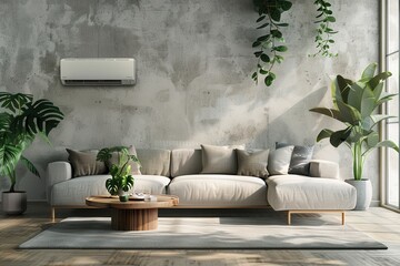 Fototapete - This stylish living room showcases a comfortable sofa, decorative plants, and an air conditioner, creating a modern and inviting atmosphere filled with natural light. Generative AI