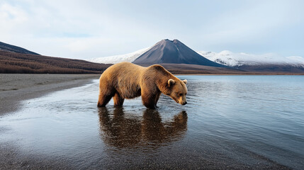 Poster - Brown bear standing in shallow lake with snow-capped mountains and forest in the background.