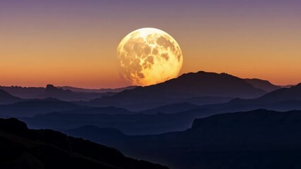 Wall Mural - a large moon is in the sky above a mountain range. the sky is orange and the mountains are covered i