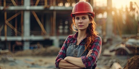 Poster - female construction worker, construction site background