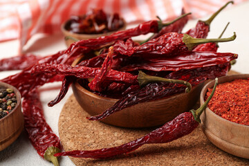 Poster - Composition with dry hot chili peppers and spices on white background