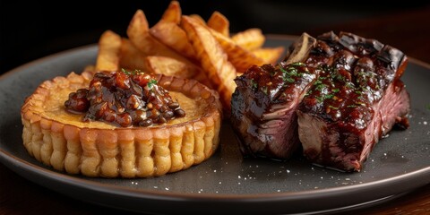 Wall Mural - Delicious slow-roasted ribs paired with a savory tart and crispy potato wedges served on a dark ceramic plate in a cozy dining setting