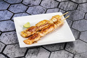 Wall Mural - Grilled salmon skewer with sauce