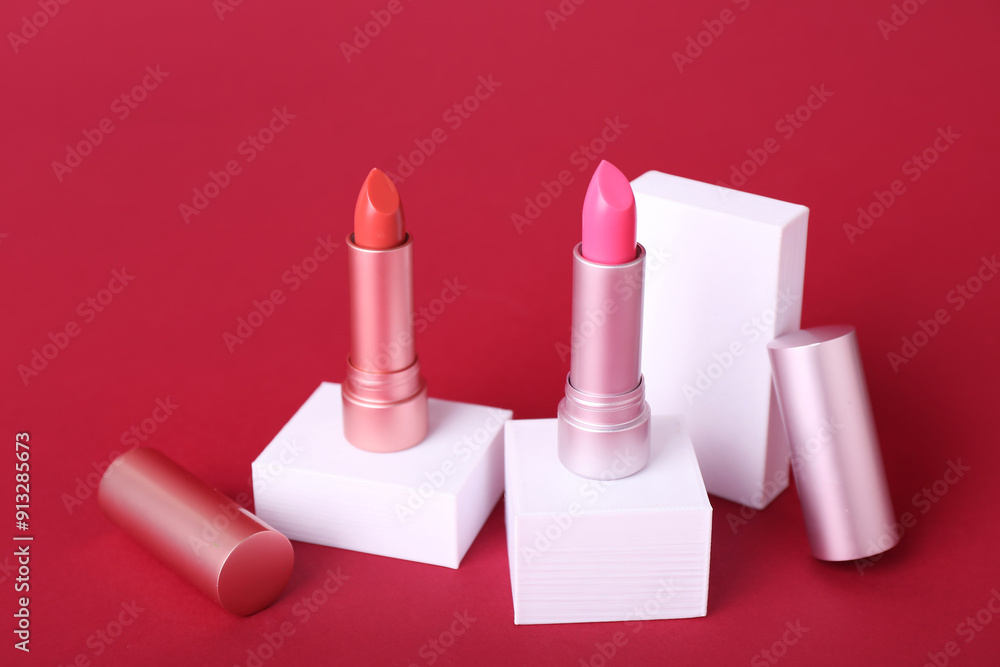 Decorative plaster podiums and lipsticks on red background