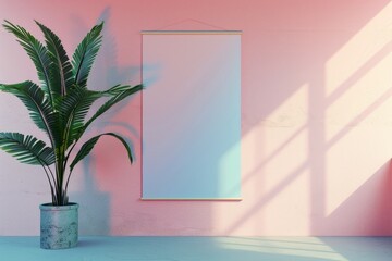 Sticker - A small potted plant sits in front of a bright pink wall, adding a touch of greenery to the space