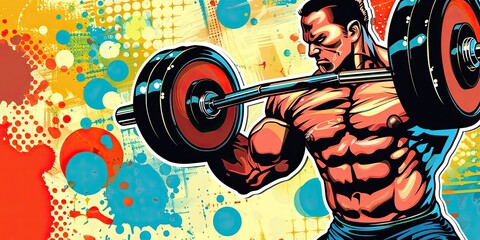 Sticker - Colorful Bodybuilding Pop Art, Muscular Man Lifting Weights in Pop Art