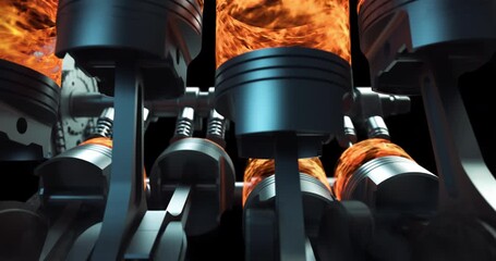 Leinwandbilder - Close Up Powerful V8 Engine Pistons. Explosions In Combustion Chamber. Industry Related High Quality 3D 4K Animation.
