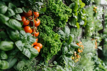 Wall Mural - Fresh Herbs and Vegetables Grow Vibrantly on a Vertical Garden Wall in Morning Light