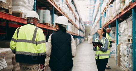 Poster - Logistics, people and teamwork inspection in warehouse with inventory check, supply chain or distribution safety. Cargo shipping, supervisor back and discussion for quality control or delivery import