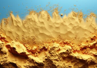 Canvas Print - Aerial view of a vibrant, sandy desert landscape against a blue sky, showcasing dramatic dune formations and fine textures