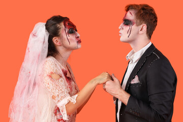 Poster - Zombie wedding couple on orange background