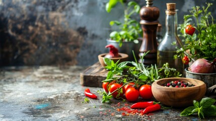 Wall Mural - Fresh Vegetables and Herbs on Rustic Kitchen Counter