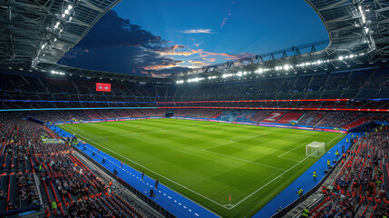 Wall Mural - A large stadium hosting an evening football match, with bright lights illuminating the green field and surrounding stands.