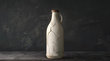 A bottle with a broken cap sits on a wooden table