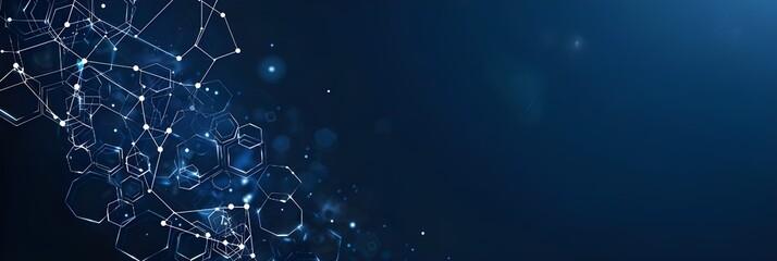 Wall Mural - Dark blue background with white futuristic technology elements, digital connections and hexagons in motion on the left side of banner for web design or presentation.