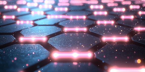 Abstract digital hexagonal pattern with glowing dots on a dark blue background, conveying a concept of technology