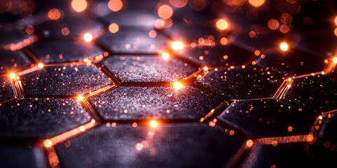 Abstract digital hexagonal pattern with glowing dots on a dark blue background, conveying a concept of technology