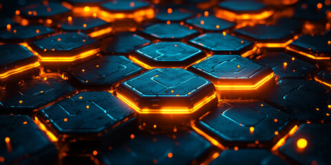 Abstract digital hexagonal pattern with glowing dots on a dark blue background, conveying a concept of technology