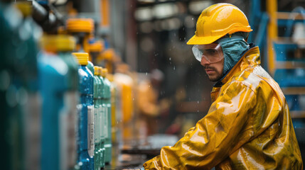 Wall Mural - A factory worker wearing a hard hat and protective gear, focused on machinery in an industrial setting.