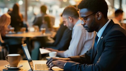 A man in a suit is typing on a laptop at a cafe. The scene is set in a busy cafe with other people around. The man is focused on his work, and the atmosphere is likely professional and productive