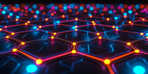 Abstract digital hexagonal pattern with glowing dots on a dark blue background, conveying a concept of technology