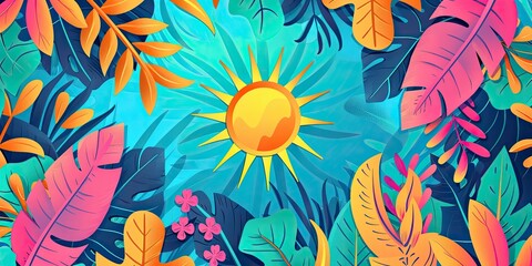 Poster - Colorful Tropical Flowers and Sun Illustration