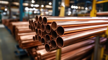 Copper pipes bundled and stored in a warehouse, showcasing organized industrial inventory.