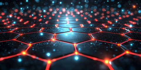 Abstract digital hexagonal pattern with glowing dots on a dark blue background, conveying a concept of technology