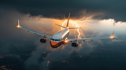 Canvas Print - Passenger airplane flying through a thunderstorm with lightning striking nearby against a backdrop of dark clouds.