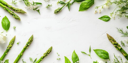 Asparagus on a blank background, artistic arrangement. Nutrition and weight loss theme. Aerial view.