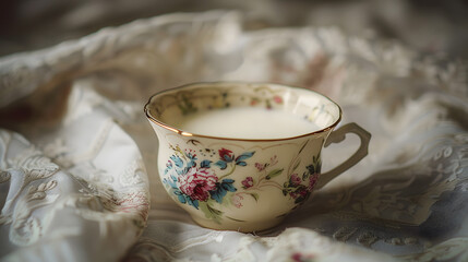 Wall Mural - A white tea cup with pink flowers on it sits on a saucer